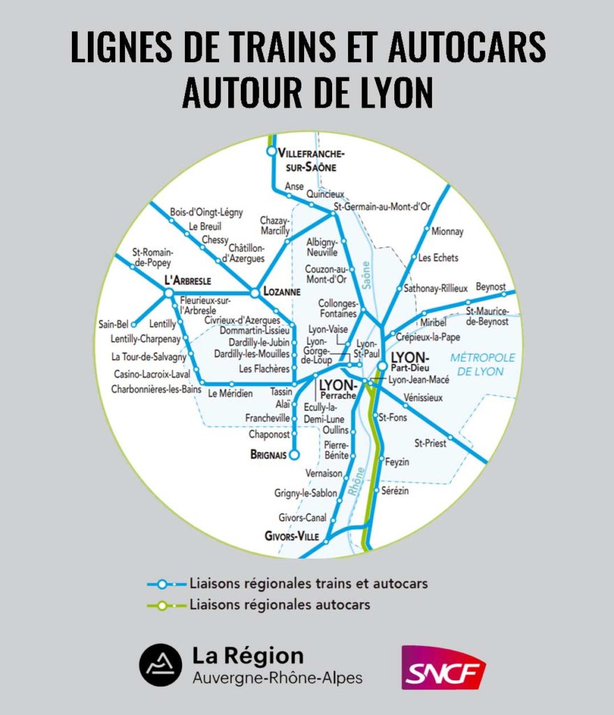 Carte des lignes de train TER autour de Lyon